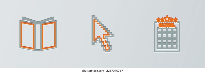 Set line Hotel building, Open book and Pixel arrow cursor icon. Vector