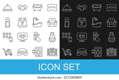 Set line Hotel building, Suitcase, Armchair, Bathtub, booking calendar, Please do not disturb, Covered with tray of food and  icon. Vector