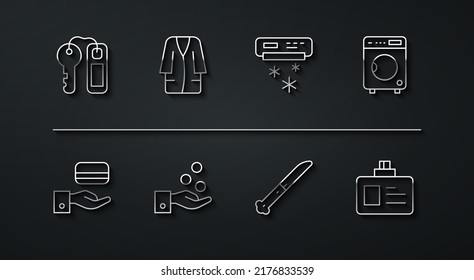 Set line Hotel door lock key, Digital, Washer, Knife, Paying tips, Bathrobe, Identification badge and Air conditioner icon. Vector