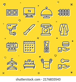 Set line Hotel door lock key, Digital, Bathrobe, Covered with tray, Knife, Security camera, Electrical outlet and Telephone handset icon. Vector
