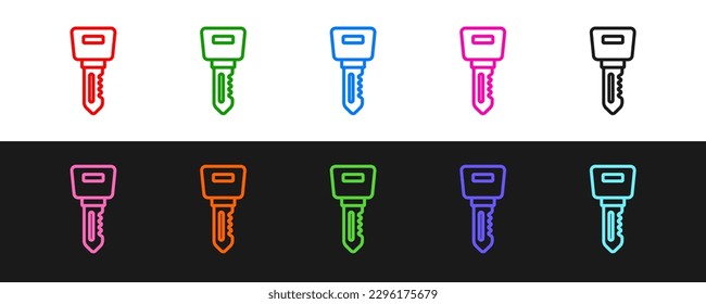 Set line Hotel door lock key icon isolated on black and white background.  Vector