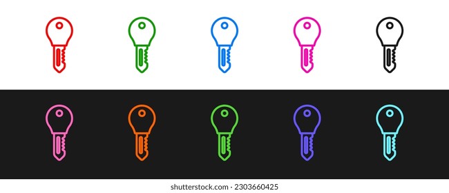 Set line Hotel door lock key icon isolated on black and white background.  Vector