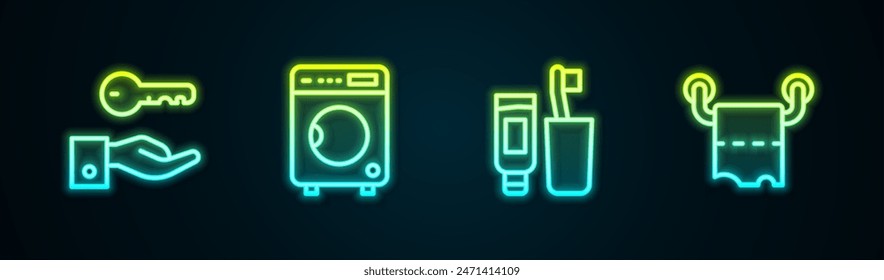 Set line Hotel door lock key, Washer, Toothbrush and toothpaste and Toilet paper roll. Glowing neon icon. Vector