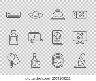 Set line Hotel door lock key, Surfboard, service bell, Whiskey bottle and glass, Air conditioner, Rv Camping trailer, Airplane window and Speech bubble with airplane icon. Vector