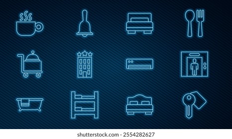 Set line Hotel door lock key, Lift, room bed, building, Covered with tray, Coffee cup, Air conditioner and service bell icon. Vector