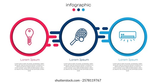 Set line Hotel door lock key, Tennis racket with ball and Air conditioner. Business infographic template. Vector