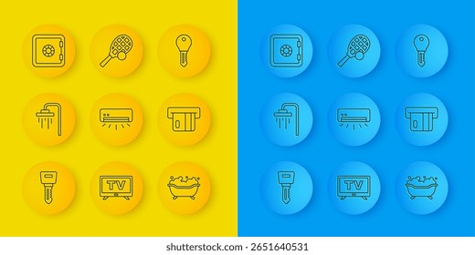 Set line Hotel door lock key, Shower, Air conditioner, Bathtub, Credit card, Safe,  and Tennis racket with ball icon. Vector