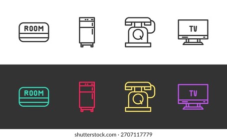 Ajuste o cartão-chave do hotel, o refrigerador, o telefone e a TV inteligente em preto e branco. Vetor