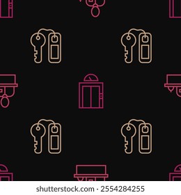 Set line Hotel reception desk, door lock key and Lift on seamless pattern. Vector