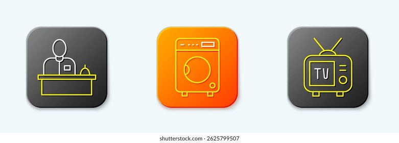 Set line Hotel reception desk, Washer and Retro tv icon. Vector
