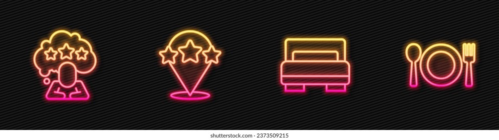 Línea de cama de habitación del Hotel, revisión de clasificación de cinco estrellas, y Plate, tenedor y cuchillo. Icono de neón brillante. Vector