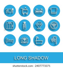 Set line Hotel room bed, Wireless laptop, Plate, fork and knife, Bathtub with shower, Shower, Remote control, Wi-Fi wireless and Five stars rating review icon. Vector