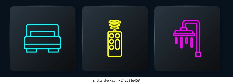 Set line Hotel room bed, Shower and Remote control. Black square button. Vector