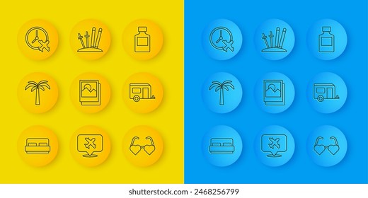 Set line Hotel room bed, Tropical palm tree, Photo, Heart shaped love glasses, Rv Camping trailer, Clock with airplane, Whiskey bottle and Ski and sticks icon. Vector