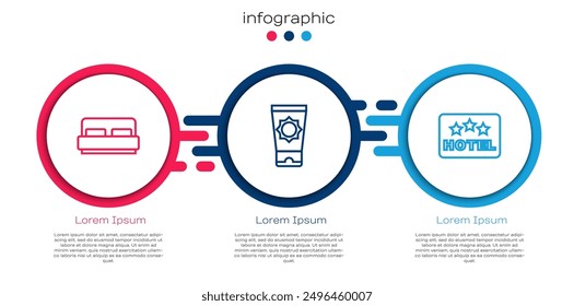 Set line Cama de la habitación del hotel, crema de protector solar en tubo y letrero con texto. Plantilla de infografía de negocios. Vector