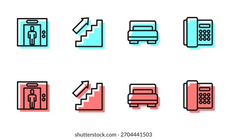 Set line Hotel room bed, Lift, Stairs up and Telephone handset icon. Vector