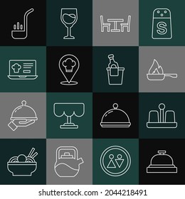 Set line Hotel service bell, Salt and pepper, Frying pan, Wooden table with chair, Chef hat location, Online ordering delivery, Kitchen ladle and Champagne bucket icon. Vector