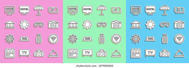 Set line Hotel service bell, Wi-Fi wireless internet network, Photo camera, Sun protective umbrella for beach, Museum building, Online hotel booking and Binoculars icon. Vector