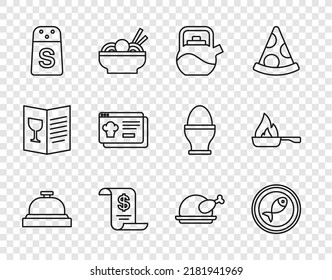 Set line Hotel service bell, Served fish on a plate, Kettle with handle, Paper or financial check, Salt, Online ordering delivery, Roasted turkey chicken and Frying pan icon. Vector