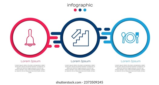 Fija el timbre del servicio del hotel, escaleras arriba y placa, tenedor y cuchillo. Plantilla de infografía empresarial. Vector