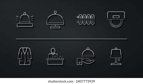 Set line Hotel service bell, Bathrobe, Bellboy hat, Covered with tray, reception desk, Table lamp and Heating radiator icon. Vector