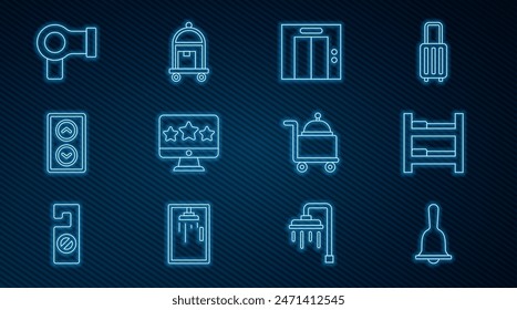 Set line Hotel service bell, room bed, Lift, Five stars rating review, Hair dryer, Covered with tray and Suitcase icon. Vector