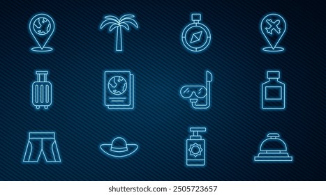 Set line Hotel service bell, Whiskey bottle, Compass, Passport, Suitcase, Location on the globe, Diving mask and snorkel and Tropical palm tree icon. Vector