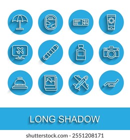 Set line Hotel service bell, Photo, Sun protective umbrella, Plane, Sunbed and, Snowboard, camera and Whiskey bottle icon. Vector