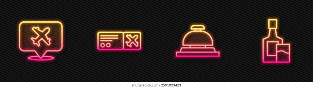 Set line Hotel service bell, Speech bubble with airplane, Airline ticket and Whiskey bottle and glass. Glowing neon icon. Vector