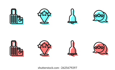 Set line Hotel service bell, Suitcase, Five stars rating review and  icon. Vector