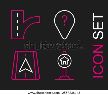 Set line Hotel sign for traffic, City map navigation, Unknown route point and Road icon. Vector