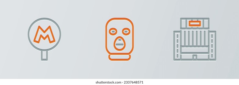 Set Line Hotel Ukraina Gebäude, U-Bahn oder U-Bahn und Dieb-Maske Symbol. Vektorgrafik