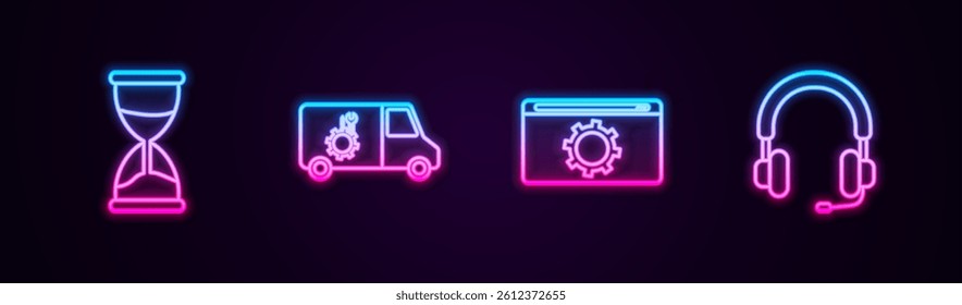 Set line Hourglass, Car service, Setting and Headphones. Glowing neon icon. Vector