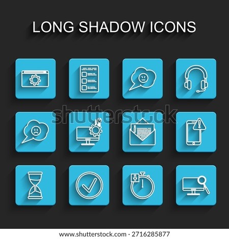 Set line Hourglass, Check mark in circle, Setting, Stopwatch, Computer monitor diagnostics, service, Mobile with exclamation and Envelope icon. Vector