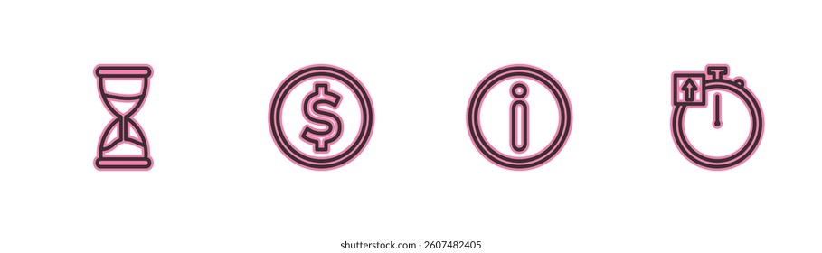 Set line Hourglass, Information, Coin money with dollar and Stopwatch icon. Vector