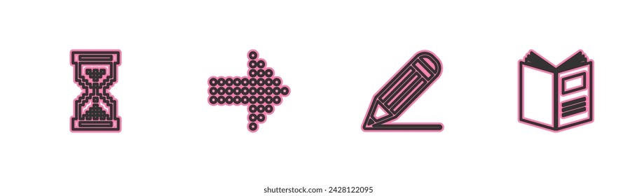 Set line Hourglass pixel, Pencil and line, Dots arrow and Open book icon. Vector