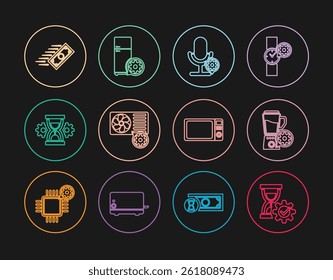 Set line Hourglass setting, Blender with bowl, Microphone, Air conditioner, Fast payments, Microwave oven and Refrigerator icon. Vector