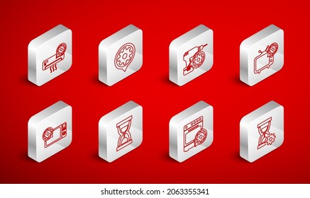 Ajuste la línea de configuración de vidrio de color Hourglass, Setting, Drill machine, Tv, Oven, Aire acondicionado, Horno de vidrio antiguo con arena e ícono de microondas. Vector