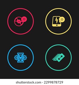 Set line Hourglass setting, Fast payments, Power bank and CD or DVD disk icon. Vector