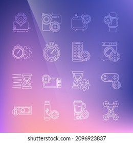 Set line Hourglass Einstellung, Gamepad, Washer, TV, Time Management, Toaster und Mobile Apps Symbol. Vektorgrafik