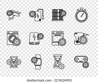 Set line Hourglass setting, Gamepad, Server, Smartwatch, Security camera, Power bank,  and Drill machine icon. Vector