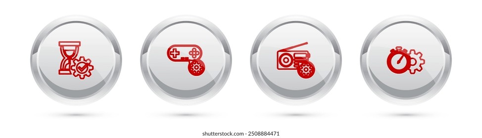 Ajuste de línea de reloj de arena, Gamepad, Radio y gestión de tiempo. Botón de círculo plateado. Vector