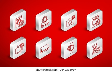 Set line Hourglass setting, Toaster, Photo camera, Oven, Smartwatch, Washer,  and Tv icon. Vector