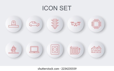 Set line House, Antenna, Traffic light, Heating radiator, Security camera, Car, Laptop and Electrical outlet icon. Vector