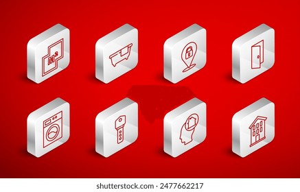 Set line House, Bathtub, Location lock, Closed door, Man dreaming about buying house, plan, key and Washer icon. Vector