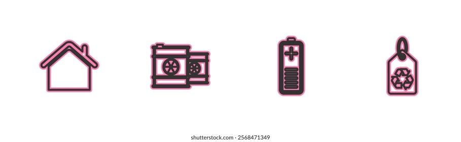 Set line House, Battery charge level indicator, Radioactive waste barrel and Tag with recycle icon. Vector