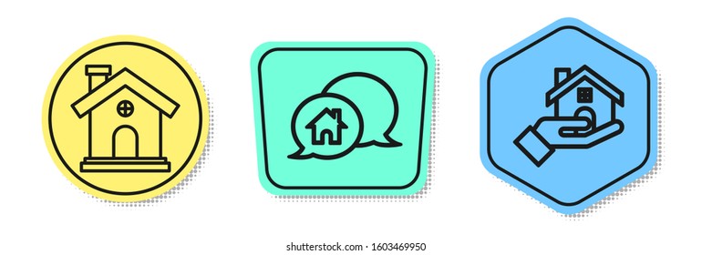 Set line House, House building in speech bubble and Realtor. Colored shapes. Vector