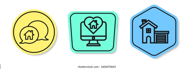 Set line House building in speech bubble, Monitor with house in heart shape and House. Colored shapes. Vector