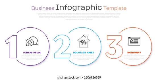 Set line House building in speech bubble, House with percant discount tag and Hanging sign with text Online Sale. Business infographic template. Vector