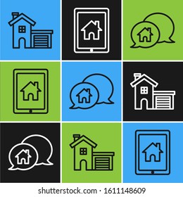 Set line House, House building in speech bubble and Tablet and smart home icon. Vector